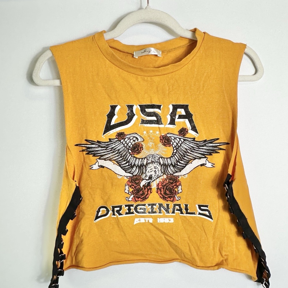 Gaze USA Womens *Sz Med*‎ Cropped Cutout Ring Side Tank Top Eagle Rocker Biker